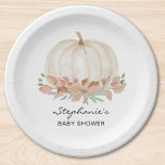 Pumpkin Fall Baby Dusche Pappteller<br><div class="desc">Diese niedliche Herbstpapiertafel mit Babydusche ist mit einem weißen Kürbis in Aquarellfarbe und weichem pastellfarbenem Blattwerk versehen. Ideal für eine geschlechtsneutrale Babydusche. Einfach anpassbar. Weil wir unsere Kunstwerke erstellen,  werden Sie dieses exakte Bild von anderen Designern nicht finden. Original Wasserfarbe © Michele Davies.</div>