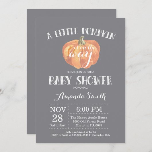 Pumpkin Fall Babydusche Einladung Grau (Vorne/Hinten)