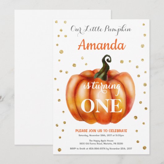 Pumpkin Fall Birthday Einladung Gold (Vorne/Hinten)