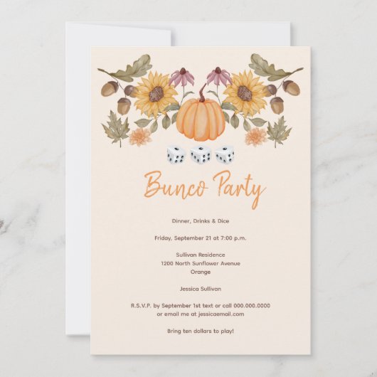 Pumpkin Fall Blumenkohl Bunco Party Einladung (Vorderseite)