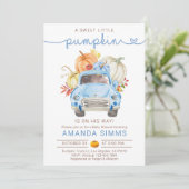 Pumpkin Fall Boy Baby Dusche Einladung Blue Truck (Stehend Vorderseite)