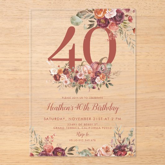 Pumpkin Fall Burgundy Rose Any AGE Birhday Acryleinladungen (Vorderseite)