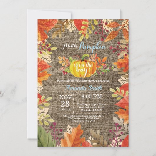 Pumpkin Fall Burlap Boy Babydusche Einladung (Vorderseite)