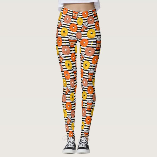 Pumpkin Fall Donuts & Kaffee Black Strips Leggings (Vorderseite)