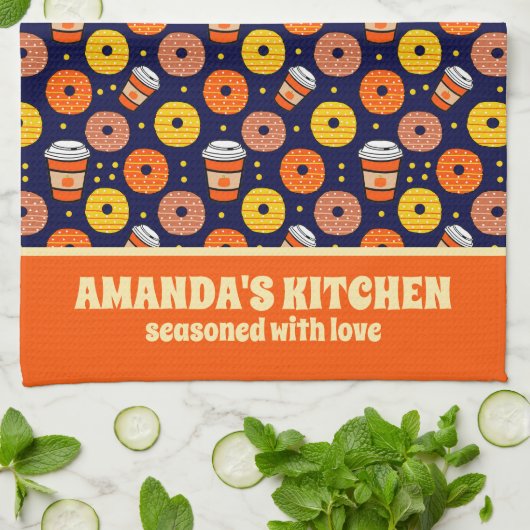 Pumpkin Fall Donuts & Kaffee Erntedank Blau Geschirrtuch (Gefaltet)