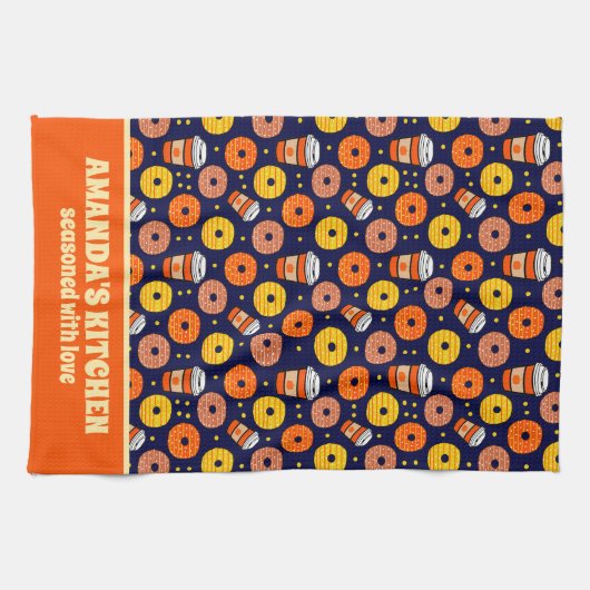 Pumpkin Fall Donuts & Kaffee Erntedank Blau Geschirrtuch (Horizontal)