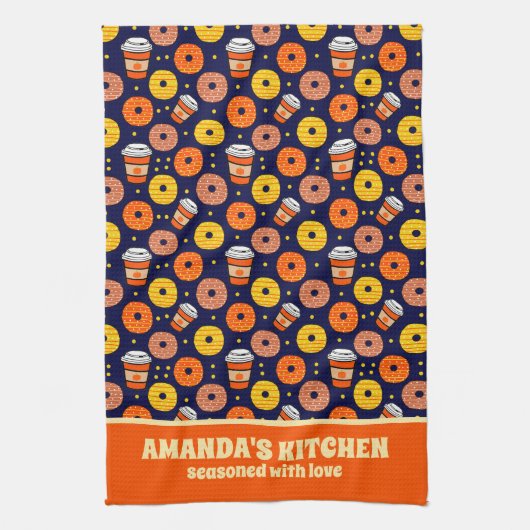 Pumpkin Fall Donuts & Kaffee Erntedank Blau Geschirrtuch (Vertikal)