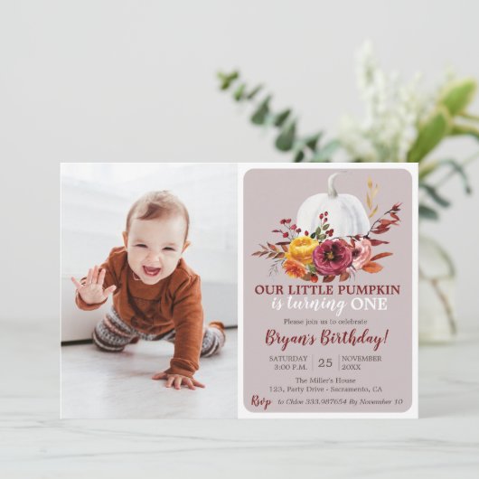 Pumpkin Fall First Birthday Einladung Fotografie (Stehend Vorderseite)