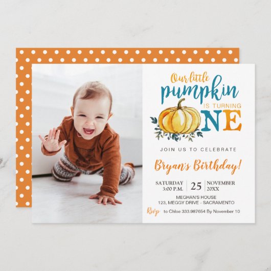 Pumpkin Fall First Birthday Einladung Fotografie (Vorne/Hinten)