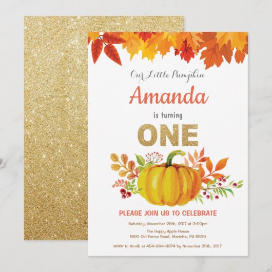 Pumpkin Fall First Birthday Gold Glitzer Einladung (Vorne/Hinten)