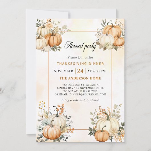 Pumpkin Fall Floral Harvest Erntedank Dinner Einladung (Vorderseite)