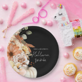 Pumpkin Fall Florals Script Halloween Soirée Black Pappteller (Party)