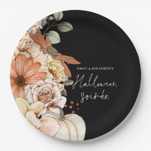 Pumpkin Fall Florals Script Halloween Soirée Black Pappteller