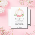Pumpkin Fall Girl's Baby Shower Danke Postkarte<br><div class="desc">Vielen Dank für Ihre Familie und Ihre Freunde für ihre nachdenklichen Geschenke und für die Anwesenheit der Dusche Ihres kleinen Mädchens mit dieser hübschen Dankeschön-Postkarte. Es ist mit einer hübschen Aquarellfarbe aus rosa Kürbis,  Rose und grünem Blattwerk dekoriert. Einfach angepasst. Original Wasserfarbe © Michele Davies.</div>