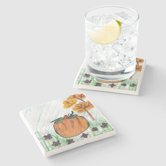 Pumpkin Fall mit violetten Blumen Steinuntersetzer (Seitenansicht)