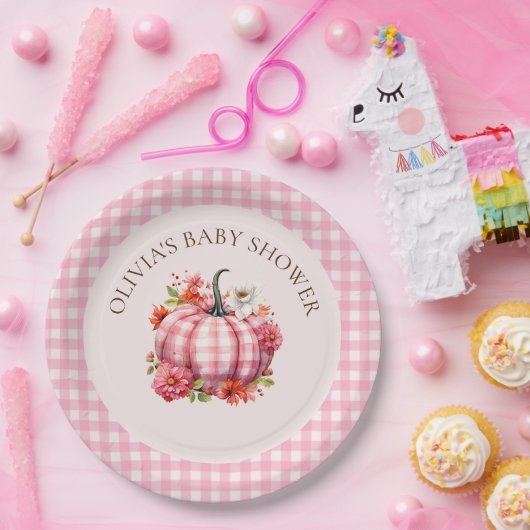 Pumpkin Fall Pink Gingham Baby Duschpapier Teller (Party)