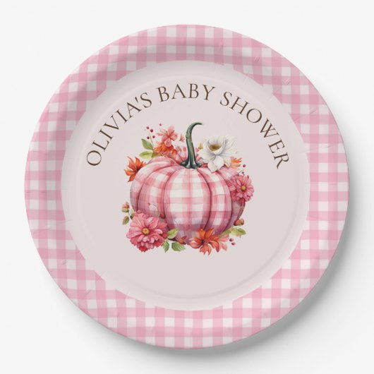 Pumpkin Fall Pink Gingham Baby Duschpapier Teller (Vorderseite)