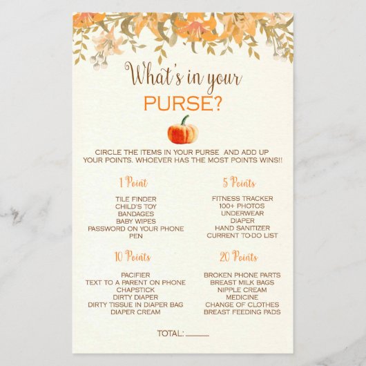 Pumpkin Fall Was ist in Ihrem Purse Baby Shower Ga Flyer (Vorne)