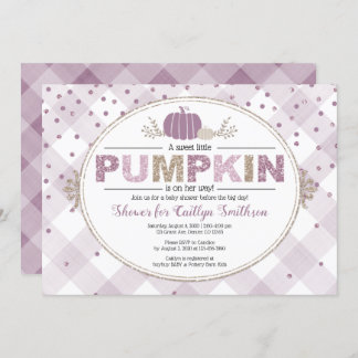Pumpkin fallen Babydusche Gingham Confetti lila Einladung