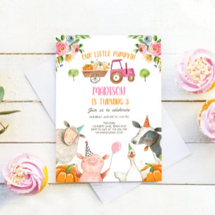 Pumpkin Farm Barnyard Pink Girl Party Geburtstag Einladung
