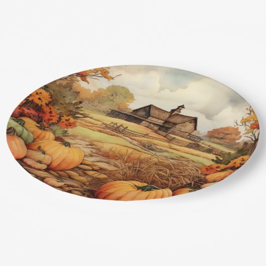 Pumpkin Farm Fall Harvest Erntedank Pappteller (Schrägansicht)