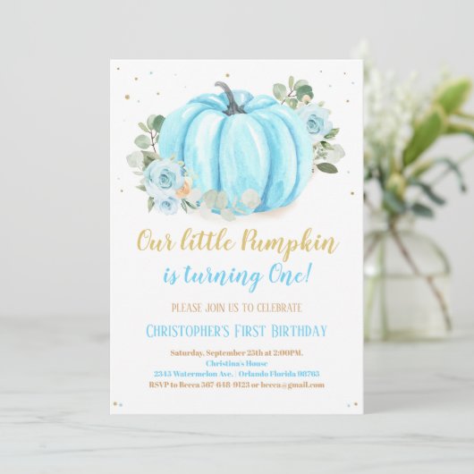Pumpkin First Birthday Einladung (Stehend Vorderseite)