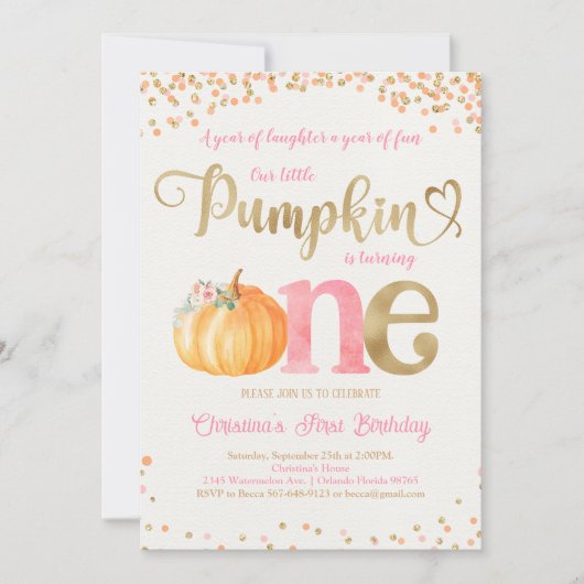 Pumpkin First Birthday Einladung (Vorderseite)