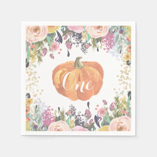 Pumpkin First Birthday Floral Gold Glitzer Serviette (Vorderseite)