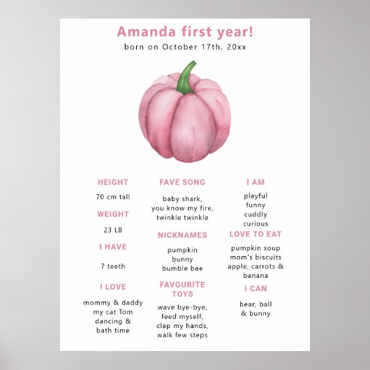 Pumpkin First Birthday Milestone Geburtstag Poster (Vorne)