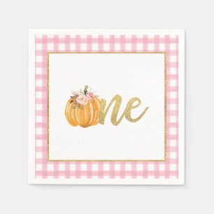 Pumpkin First Birthday Napkin - Girl Pink Kariert Serviette
