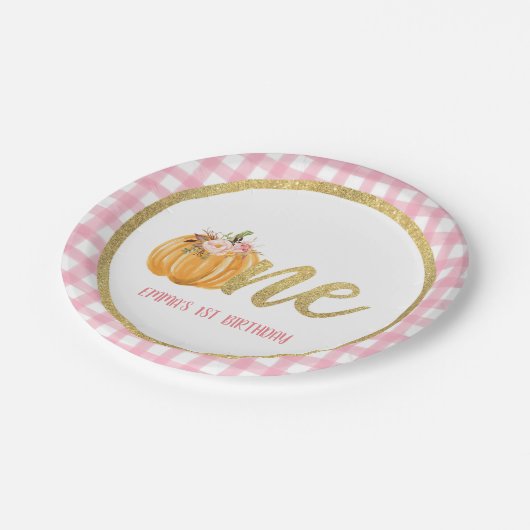 Pumpkin First Birthday Paper Plate - P Gingham C Pappteller (Schrägansicht)