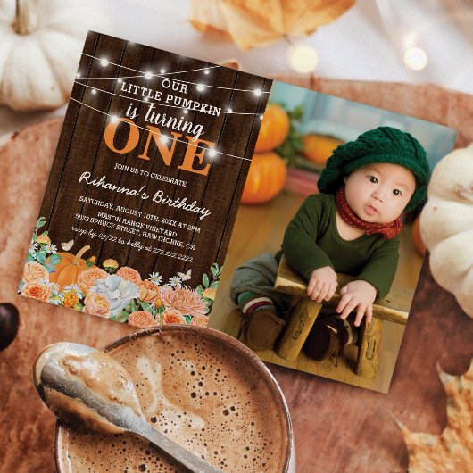 Pumpkin First Birthday | Rustikales Fall-Foto Einladung
