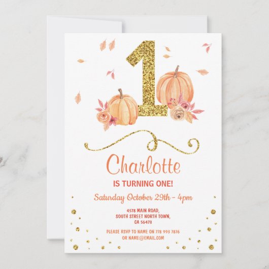 Pumpkin First One Birthday Herbst Party laden Einladung (Vorderseite)