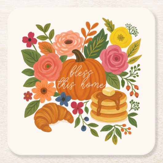 Pumpkin Floral Bless This Home Coaster Fall Rechteckiger Pappuntersetzer (Vorderseite)