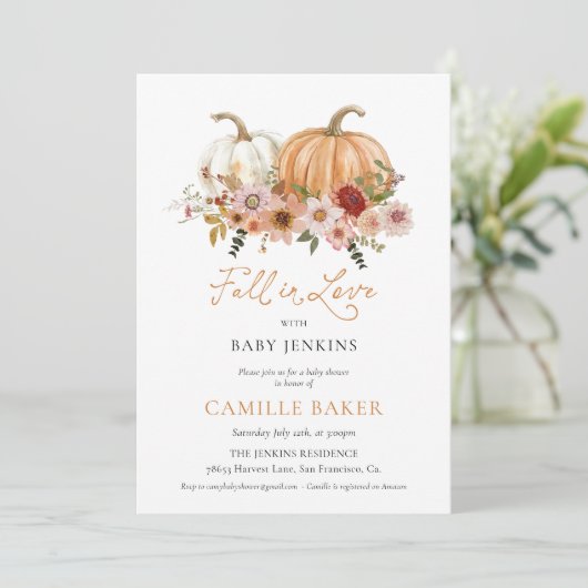 Pumpkin Floral Fall in Liebe mit Babydusche Einladung (Stehend Vorderseite)