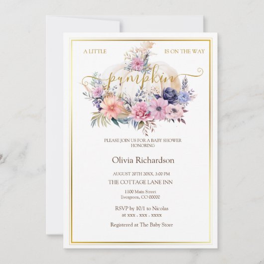 Pumpkin Floral Gold Foil Baby Girl Dusche Einladung (Vorderseite)