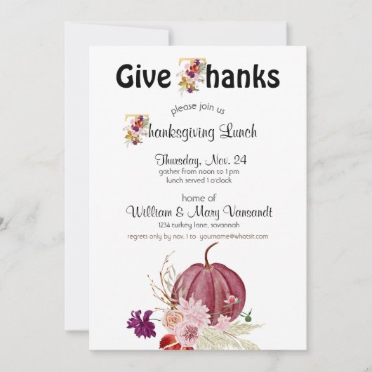 Pumpkin Floral Gold White Erntedank Einladung (Vorderseite)