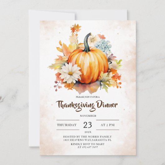 Pumpkin Floral Herbst Blätter Erntedank Abendessen Einladung (Vorderseite)