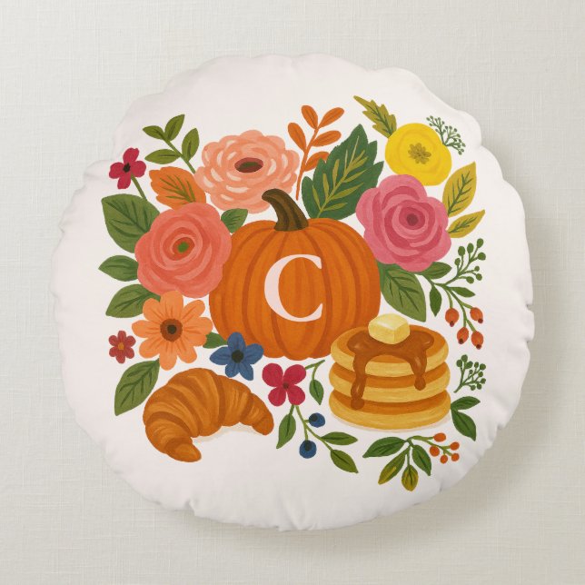Pumpkin Floral Monogram Round Pillow Fall Rundes Kissen (Vorderseite)