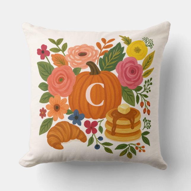 Pumpkin Floral Monogram Throw Pillow Kissen (Vorderseite)