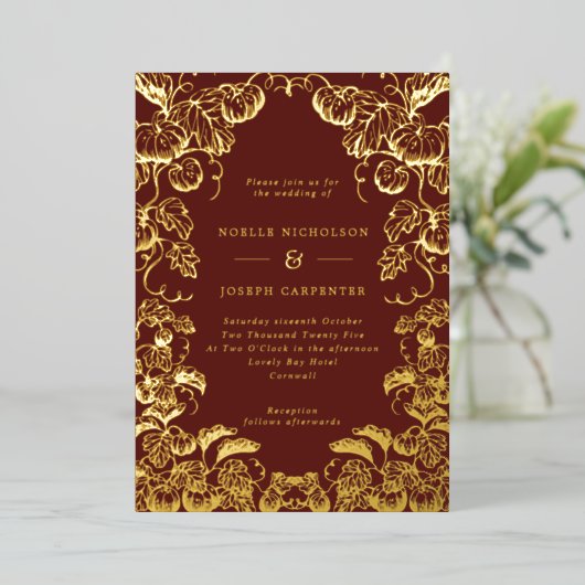 Pumpkin Frame Hochzeit im Herbst Burgundy & Gold F Folieneinladung (Stehend vorne)