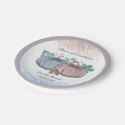 Pumpkin Gender enthüllt rosa blauen Herbst Glitzer Pappteller (Schrägansicht)