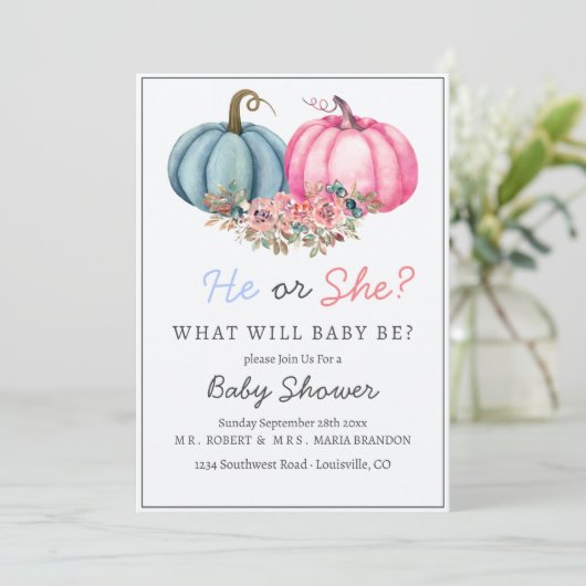 Pumpkin Gender offenbaren Einladung Junge oder Mäd (Stehend Vorderseite)