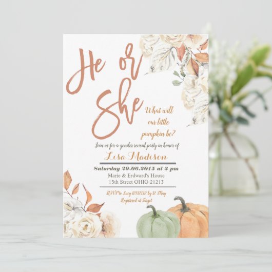 Pumpkin Gender offenbaren Einladung rustikale Fall (Stehend Vorderseite)