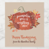 Pumpkin Gewürz Erntedank Abendessen Braun Weinsieg Weinetikett (Einzelnes Label)