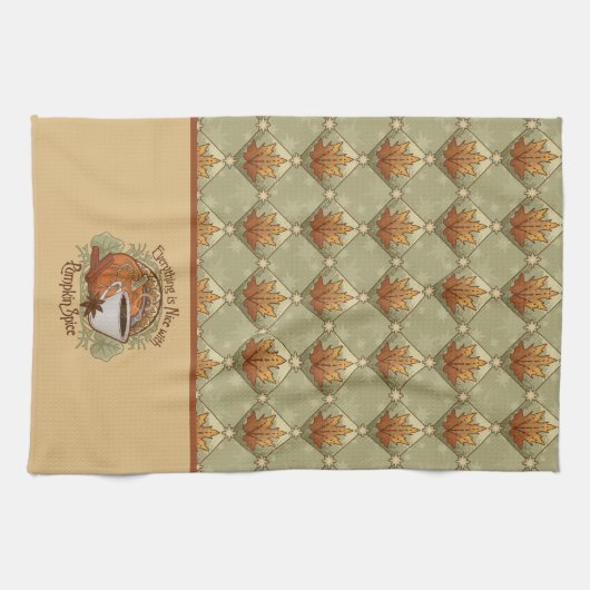 Pumpkin Gewürz Kaffeekunst und Herbst Blätter Must Geschirrtuch (Horizontal)