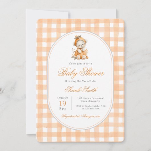 Pumpkin Gingham Baby Shower Girl Einladung (Vorderseite)