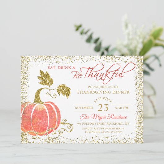 Pumpkin Glitzer Erntedank Dinner Einladung (Stehend Vorderseite)