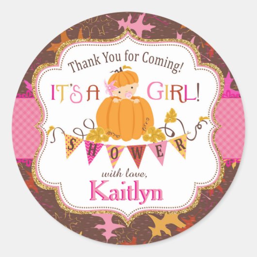 Pumpkin Gold Glitzer Herbstoak Blätter Kinderdusch Runder Aufkleber (Vorderseite)