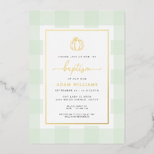 Pumpkin Green Gingham Taufe Gold Foil Einladung (Vorderseite)